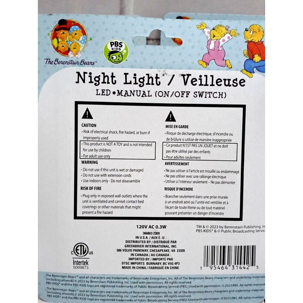 The Berenstain Bears LED Night Light Set Of 3 Manual On/Off Switch - Picture 5 of 5